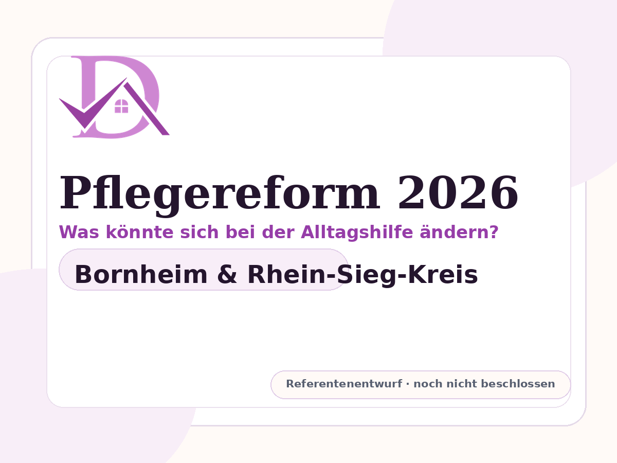 Informationsgrafik zur geplanten Pflegereform 2026 und möglichen Änderungen bei der Alltagshilfe in Bornheim
